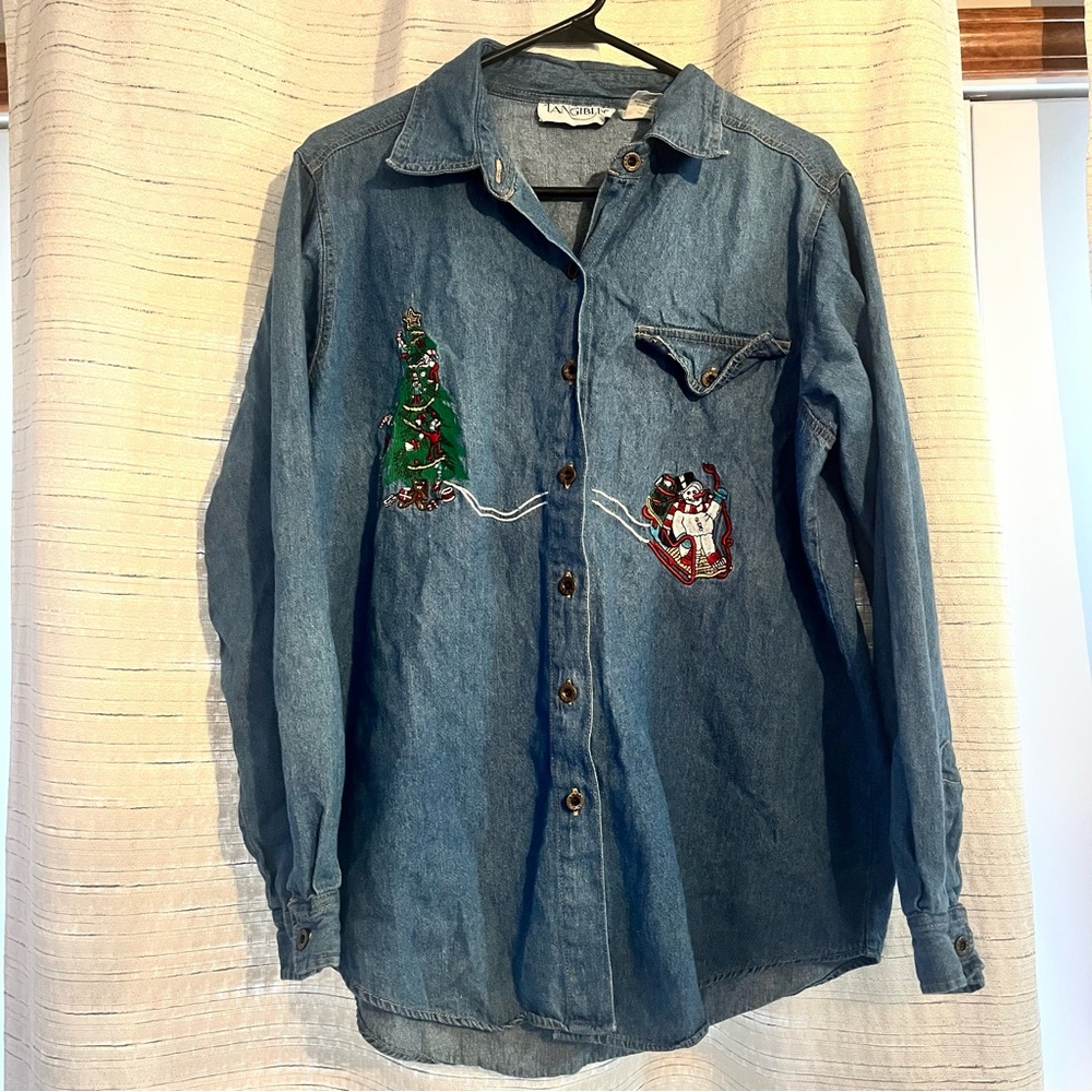 Women's Vintage Christmas Holiday Long Sleeve Denim Jean Shirt Size M Snowman